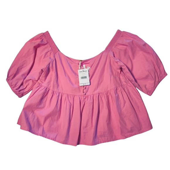 Free People Veronica Poplin Sweetheart Peplum Babydoll Puff Sleeve Blouse - Picture 3 of 15